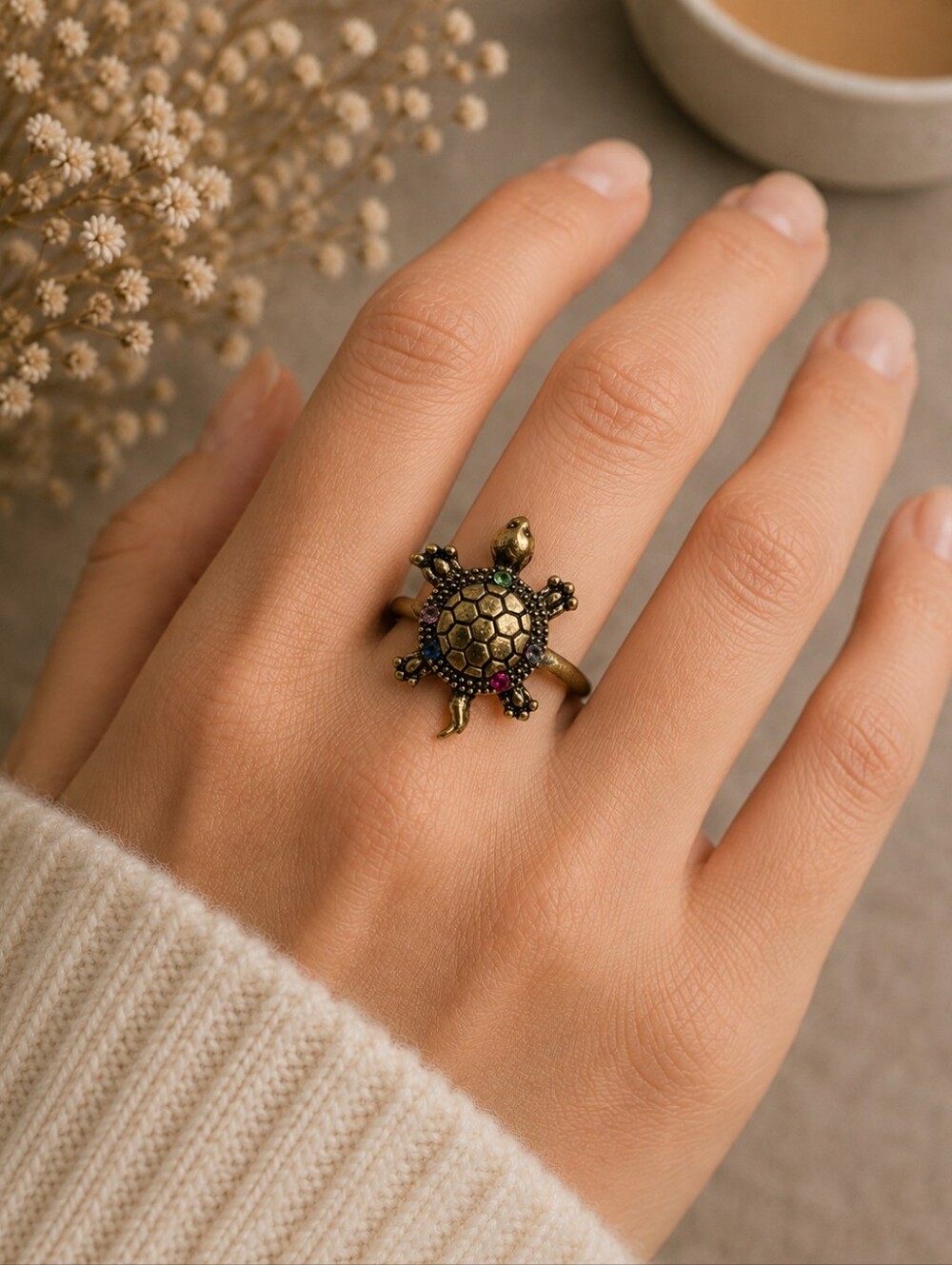 Turtle Ring Adjustable Band Size 7 Gold‎ Tone w/ Multicolor Rhinestones